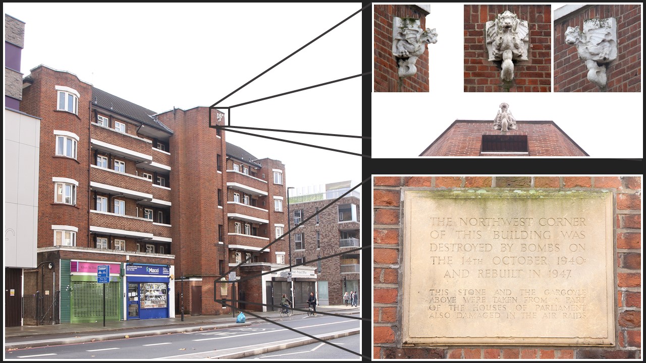 Gargoyle on Millstream House, Jamaica Road Brave Scout WW2 in